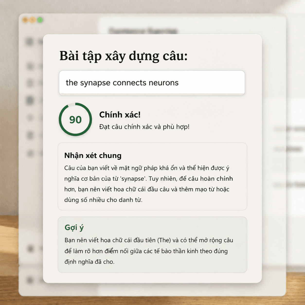 Giao diện phản hồi xây dựng câu bằng AI